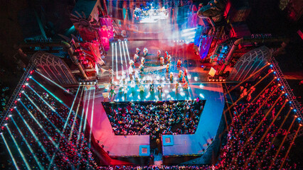 Aerial photography of crowds of lively music festival in China Dinosaur Park and Dino Water Town Amusement Park in Changzhou City, Jiangsu Province, China