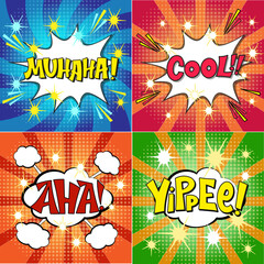 Fototapeta premium Ser comic lettering muhaha, aha, cool, yippee. Vector bright cartoon illustration in retro pop art style. Comic text sound effects. EPS 10