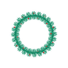 Christmas wreath vector. Winter garland adorned with red holly berries on green pine branches.