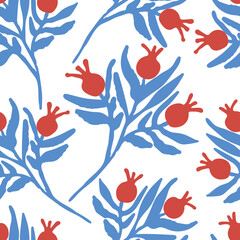 Retro illustration for fabric design with pomegranates. Natural background. Vector design illustration. Seamless pattern. Botanical texture pattern. Vector drawing. Spring decoration. - 524864526