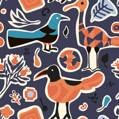 Trendy abstract seamless pattern with colorful birds stickers on blue background for wallpaper design. Vector illustration - 524864529