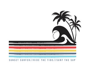 Ocean wave, sunset surfer, ride the tide, surf the sup, sunset. surf and beach. vintage beach print. tee graphic design, summer beach slogan with beach surf sandals illustration, 