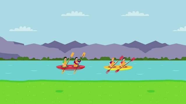 Group of people enjoying holiday with canoe together