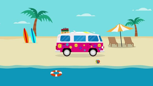 Hippie van carrying surfboard and luggage on beach