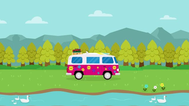 Hippie van moving near forest