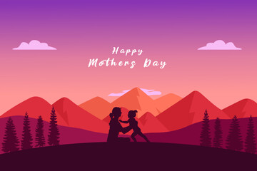 Happy Mother's Day Background. Silhouette of a Mother and a girl in the mountains vector illustration	