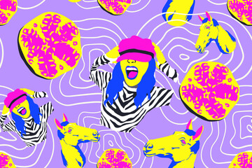 Obraz na płótnie Canvas fashion minimal illustration disco clubbing girl seamless pattern