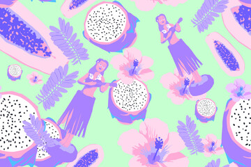Fashion minimal illustration.Hawaiian girl figurine. Aloha seamless pattern