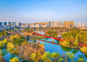 Aerial photo of Qingfeng Park in Zhonglou District, Changzhou City, Jiangsu Province, China under the blue sky and white clouds