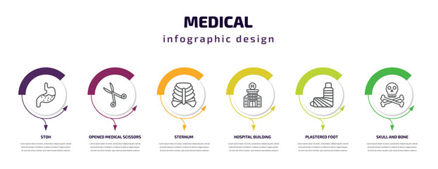 medical infographic template with icons and 6 step or option. medical icons such as stoh, opened medical scissors, sternum, hospital building front, plastered foot, skull and bone vector. can be