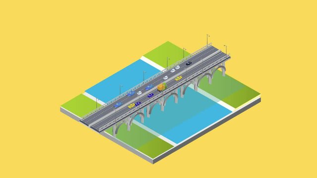 Vehicles passing on a bridge over a river