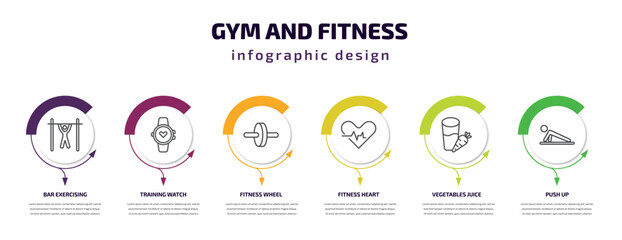 gym and fitness infographic template with icons and 6 step or option. gym and fitness icons such as bar exercising, training watch, fitness wheel, heart, vegetables juice, push up vector. can be