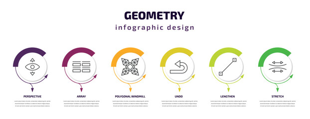 geometry infographic template with icons and 6 step or option. geometry icons such as perspective, array, polygonal windmill, undo, lengthen, stretch vector. can be used for banner, info graph, web,