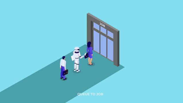 Robot and people queuing to having job interview