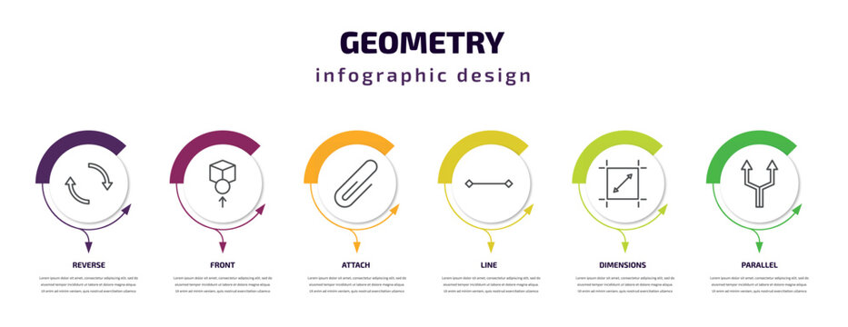 geometry infographic template with icons and 6 step or option. geometry icons such as reverse, front, attach, line, dimensions, parallel vector. can be used for banner, info graph, web,