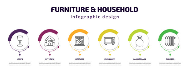 furniture & household infographic template with icons and 6 step or option. furniture & household icons such as lamps, pet house, fireplace, microwave, garbage bags, radiator vector. can be used for