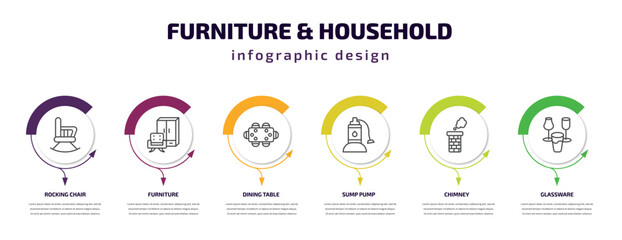 furniture & household infographic template with icons and 6 step or option. furniture & household icons such as rocking chair, furniture, dining table, sump pump, chimney, glassware vector. can be
