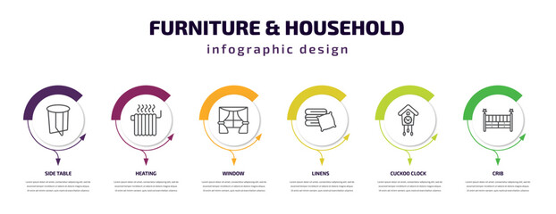 furniture & household infographic template with icons and 6 step or option. furniture & household icons such as side table, heating, window, linens, cuckoo clock, crib vector. can be used for