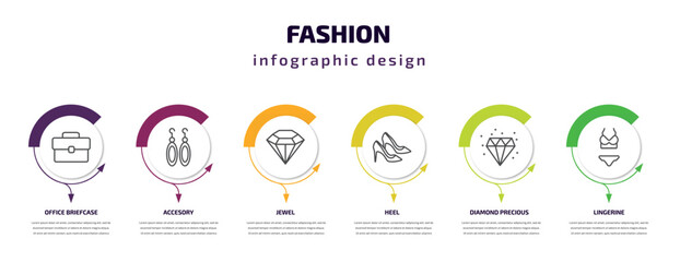 fashion infographic template with icons and 6 step or option. fashion icons such as office briefcase, accesory, jewel, heel, diamond precious stone, lingerine vector. can be used for banner, info