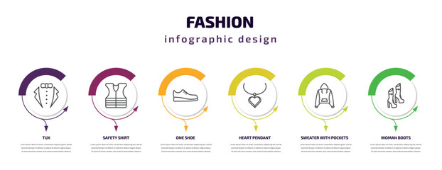 fashion infographic template with icons and 6 step or option. fashion icons such as tux, safety shirt, one shoe, heart pendant, sweater with pockets, woman boots vector. can be used for banner, info