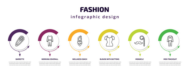 fashion infographic template with icons and 6 step or option. fashion icons such as barrette, working coverall, wellness coach, blouse with buttons, monocle, men tracksuit vector. can be used for