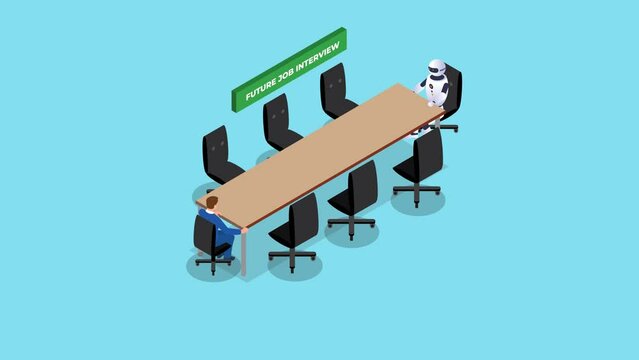 Businessman doing job interview with robot