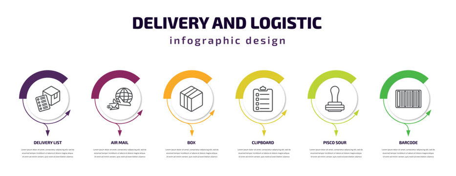 delivery and logistic infographic template with icons and 6 step or option. delivery and logistic icons such as delivery list, air mail, box, clipboard, pisco sour, barcode vector. can be used for