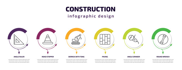 Fototapeta premium construction infographic template with icons and 6 step or option. construction icons such as angle ruler, road stopper, derrick with tong, paving, angle grinder, round wrench vector. can be used