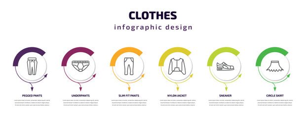 clothes infographic template with icons and 6 step or option. clothes icons such as pegged pants, underpants, slim fit pants, nylon jacket, sneaker, circle skirt vector. can be used for banner, info