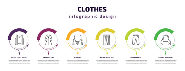 clothes infographic template with icons and 6 step or option. clothes icons such as basketball jersey, trench coat, jewelry, oxford wave suit pants, sweatpants, barrel handbag vector. can be used