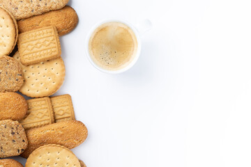 line of sweet baked cookies with a cup of coffee. Advertising space