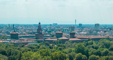 Aerial view of the Castello Sforzesco (Sforza's Castle) a medieval fortification located in Milan, northern Italy.  08-15-2022. It was built in the 15th century by Francesco Sforza, Duke of Milan