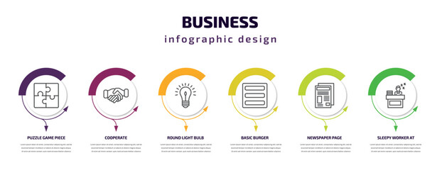 business infographic template with icons and 6 step or option. business icons such as puzzle game piece, cooperate, round light bulb, basic burger, newspaper page, sleepy worker at work vector. can