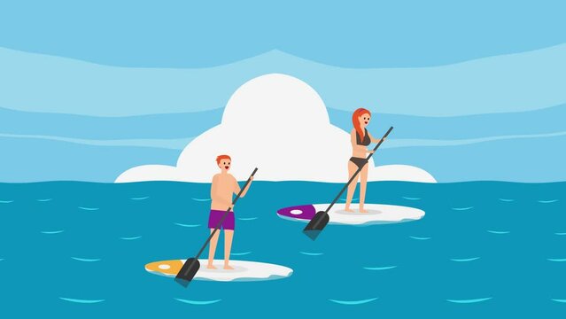 Happy couple riding paddle board on the sea
