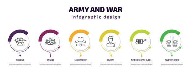 army and war infographic template with icons and 6 step or option. army and war icons such as knuckle, brigade, secret agent, civilian, time bomb with clock, two way radio vector. can be used for