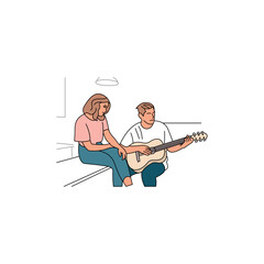 Couple Play Guitar Music Illustration Design,  man playing guitar, boyfriend holding musical instrument, hippies couple playing guitar characters