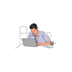 businessman is sitting at desktop. Work the computer, financial analytics. Office worker, Young business man working on computer at the desk in office. Flat style illustration