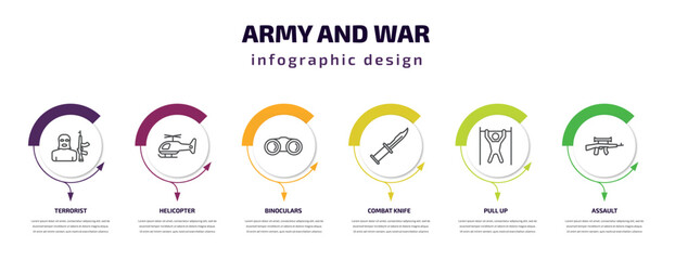 army and war infographic template with icons and 6 step or option. army and war icons such as terrorist, helicopter, binoculars, combat knife, pull up, assault vector. can be used for banner, info