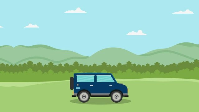 Off road car moving on the meadow