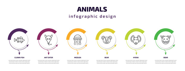 animals infographic template with icons and 6 step or option. animals icons such as clown fish, ant eater, medusa, bear, hyena, boar vector. can be used for banner, info graph, web, presentations.