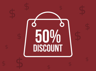 50% bag discount. Shop promotion with special offer. Promotional banner on red background.