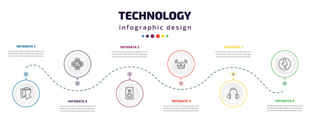 technology infographic element with icons and 6 step or option. technology icons such as face shield, big chip, sound box, wireless gadget, big headphones, green flash vector. can be used for