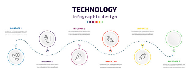 technology infographic element with icons and 6 step or option. technology icons such as add call, basic plug, robotic hand, basic microphone, telephone receiver, inclined pendrive vector. can be