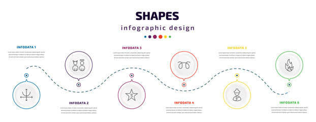 shapes infographic element with icons and 6 step or option. shapes icons such as parabola, characters, star with number five, glowplug, mongolian, fire over line vector. can be used for banner, info - obrazy, fototapety, plakaty