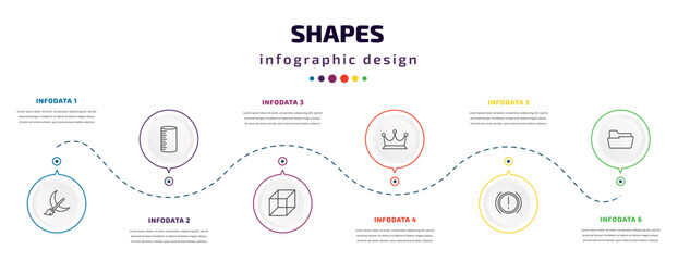 shapes infographic element with icons and 6 step or option. shapes icons such as moon and broom, cylinder volumetric, geometry cube, royalties, brake system warning, open folder vector. can be used