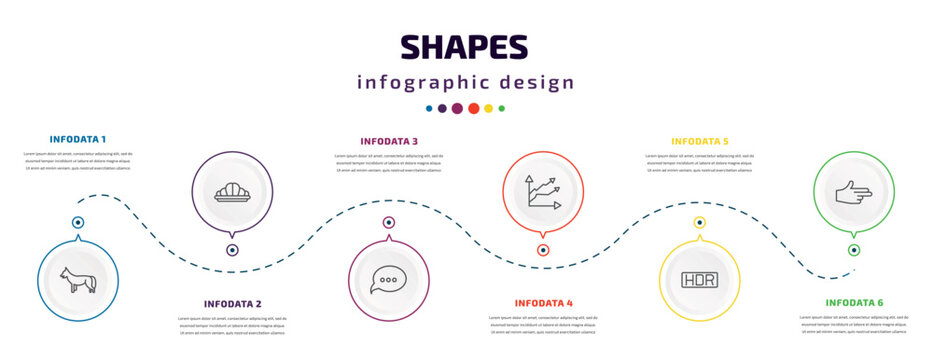 shapes infographic element with icons and 6 step or option. shapes icons such as jackal, reign, speech bubble black, multiple line, hdr, finger gun vector. can be used for banner, info graph, web,