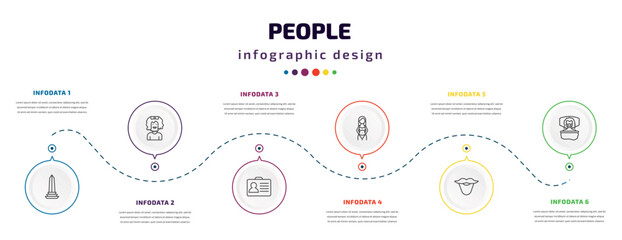 people infographic element with icons and 6 step or option. people icons such as venezuelan, bearded woman, identification ard, seductive, beard, sickness vector. can be used for banner, info graph,