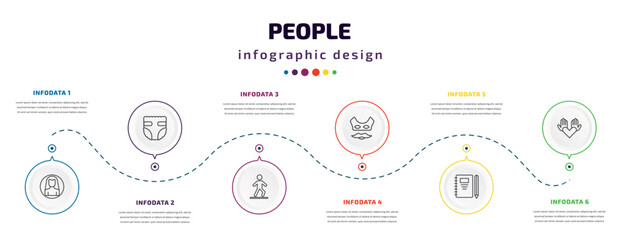 people infographic element with icons and 6 step or option. people icons such as male user, baby diaper, bast, devil mask, pencil and notebook, no racism vector. can be used for banner, info graph,