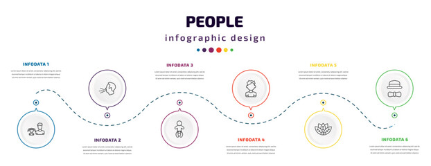 people infographic element with icons and 6 step or option. people icons such as father and daughter, cough, baby with diaper, small boy, bohemian, elegant vector. can be used for banner, info