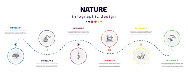 nature infographic element with icons and 6 step or option. nature icons such as solar, carnivorous plant, poplar leaf, stump house, pedunculate, pollen vector. can be used for banner, info graph,
